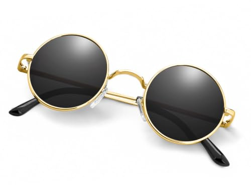Morcheiong Retro Runde Polarisierte Sonnenbrille UV400 Hippie Style Unisex Sonnenbrillen Kreis für Damen Herren (Goldener Rahmen Schwarze Folie)