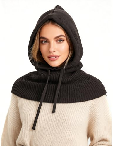 TAGVO 2-in-1 Sturmhaube mit Kapuzenschal, Winddichte Strickmütze, Weicher Winter-Strickschal mit Mütze, Einteiliges Hut- und Nackenwärmer-Set, für Herren und Damen
