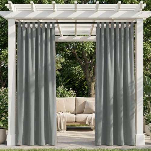 TOPICK Outdoor Vorhang Wetterfest Sonnenschutz Gardinen H245xB132 2er Set | Hellgrau Vorhänge mit Schlaufen Blickdicht Wohnzimmer Balkontür Gardine außen Curtains Wasserabweisend für Balkon Pavillon