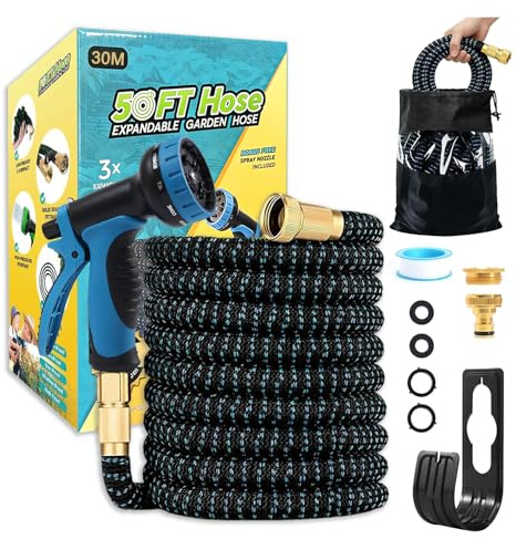 Flexibler Gartenschlauch 30m, Ausziehbare Garten Schlauch, Leichter Flexibler Garden Hose mit 10 Funktions Brause, 3/4 und 1/2 Zoll Messinganschlüssen,für Gartenarbeit, Waschen und Gießen(30M/100ft)