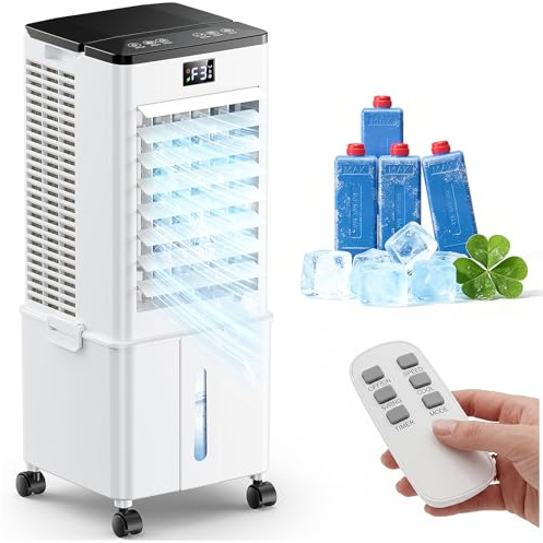 4-in-1 tragbares Klimagerät, Verdunstungsluftkühler mit 10L Wassertank, 4 Modi und 3 Geschwindigkeiten, 1-12h Timer mit Rollen, für Zuhause (Silberweiß)