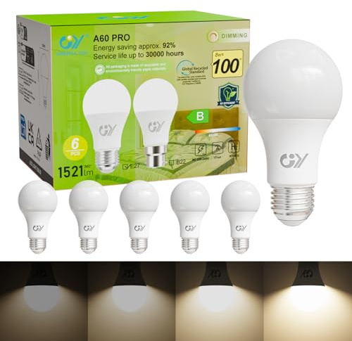 GY E27 LED Glühbirne Dimmbar, 8W ersetzt 100W, 1521LM A60 Energiesparlampe, 4000K Neutralweiß, Energieeffizienzklasse B, 360° Abstrahlwinkel, kompatibel mit Dimmer, 6 Stück