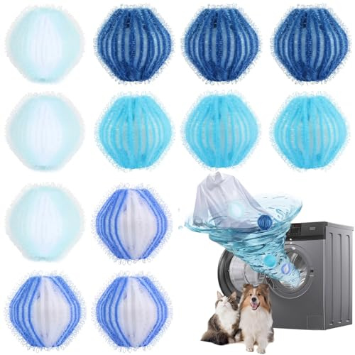 12 Pcs Atrapa Pelos Lavadora, Bolas Atrapa Pelos para Lavadora Reutilizables de 3.5cm, Quita Pelos Mascota de Nailon para Eliminar Pelo de Perro y Gato, Filtro de Pelusas para Ropa, Azul
