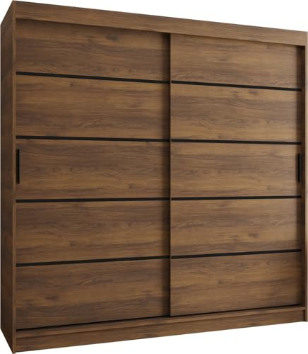 Kryspol - Schwebetürenschrank - Kleiderschrank ohne Spiegel - Kleiderschrank 200 cm Breit x 200cm(H) x 62cm(T), 2 Türen, Laminierte Möbelplatte, Rubino V1 200, Farbe Nussbaum Warmia, Griff: Schwarz