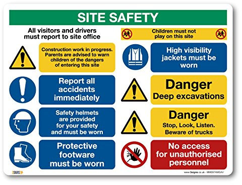 3 segni, cartello in vinile autoadesivo, per la sicurezza del cantiere 600 x 450mm