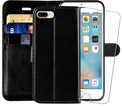 MONASAY Wallet Case for iPhone 7 Plus Wallet Case/iPhone 8 Plus,5.5 -inch [Glass Screen Protector Included] Flip Folio Leather Cell Phone Cover with Credit Card Holder for Apple 7 Plus/8 Plus,Black