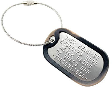 TheDogTagCo Hundemarke aus Edelstahl, mit Kabel und Schalldämpfer, personalisierbar, 1 Stück Camo Brown