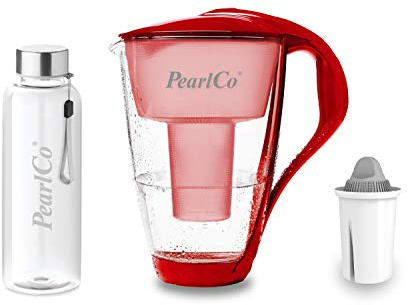 perlopur® Glas-Wasserfilter (rot) +1 Kart. Protect+ +Glas-Trinkfl. | Borosilikatglas, 2 l gesamt, 1 l gefiltert, LED-Anzeige, für classic Kartuschen, für sehr hartes Wasser, starke Entkalkung
