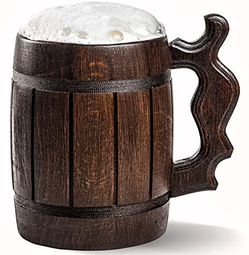 Boccale da birra in legno rustico fatto a mano, in vero legno di quercia, ecologico, in acciaio inox, 600 ml, marrone3 - Etno Motif Wood Viking Beer Mug Stein - Boccale da birra irlandese retrò