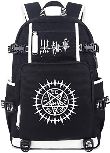 Roffatide Anime Black Butler Leuchtende Schultasche Laptop-Rucksäcke mit USB-Ladeanschluss & Kopfhöreranschluss Schwarz