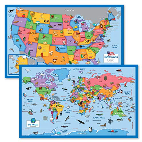 2er-Pack – Welt- und USA-Karte für Kinder [illustriert] – 2 Poster-Set (laminiert, 45,7 x 73,7 cm)