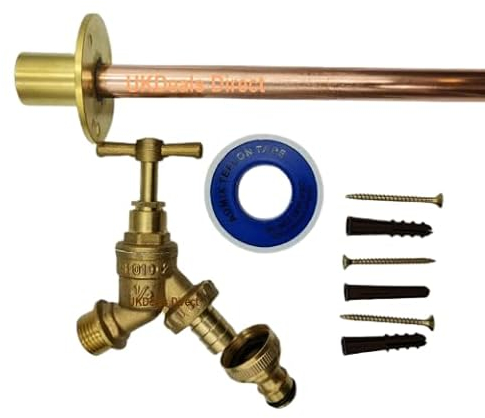 UKDeals direct® Gartenhahn-Set für den Außenbereich, Wandmontage mit Durchgangsflansch, Messing, Gold