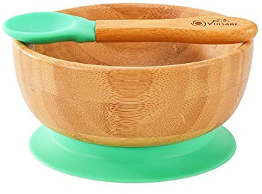 Vinsani Bamboo Bowl and Spoon Set for Baby/Toddler, Suction Plate, Stay-Put Design, Hypoallergenic and BPA-Free (Green)