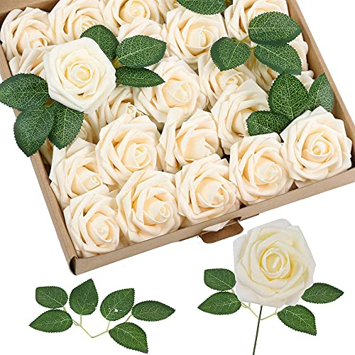 Qanye 25 Pezzi Fiori Artificiali, Fiori Finti, Teste di Rose Finti, Rose Artificiali con Steli, Rose Finte con Gambo, con 3 Foglie Verdi, per Matrimoni, Feste, Decorazioni per la Casa