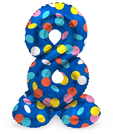 Folat 64788 Luftballon Geburtstag Stehender Ziffer Zahl 8 Colorful Dots Blau mit farbigen Punkten 41 cm - Decoration Geburtstagdeko, Ballon Zahl, Kein Helium erforderlich