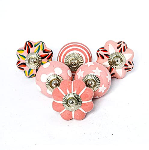Craft Trade Dresser Knobs for Cabinets and Drawers - Assorted Ceramic Pull Handle for Kitchen Cupboard Wardrobe Decorative Furniture Hardware - Pink - Pack of 6