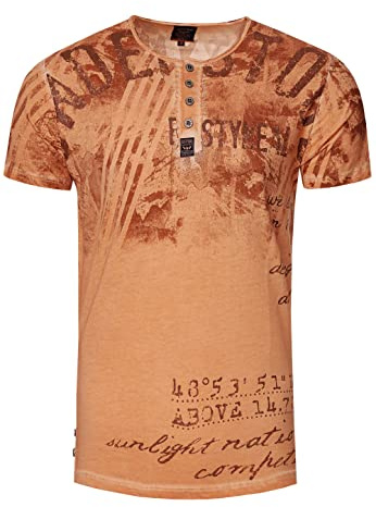 T-Shirt Rundhals mit Knopfleiste Printed Regular Fit 100% Cotton Herren Kurzarm-Shirt 270, Farbe:Camel, Größe S-XXL:XL