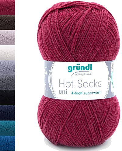 Sockenwolle 4fädig uni rot | 100g Gründl Hot Socks 4-fädig einfarbig | 75% Wolle, 25% Polyamid | Strumpfwolle Sockengarn (4ply, 4fach) Wolle für Socken stricken (80 - bordeaux)