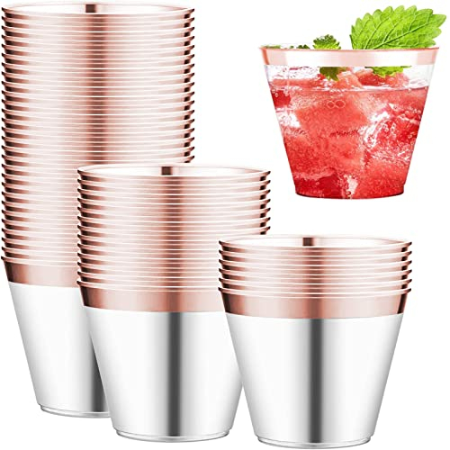 wordmouk 50 Pack Rose Gold Rimmed Plastic Cups 270ml 9OZ Reusable Clear Plastic Tumblers Clear Crystal Plastic Cup Elegant Party Tumbler Set for Champagne Beer Cocktail Martini Soda Dessert