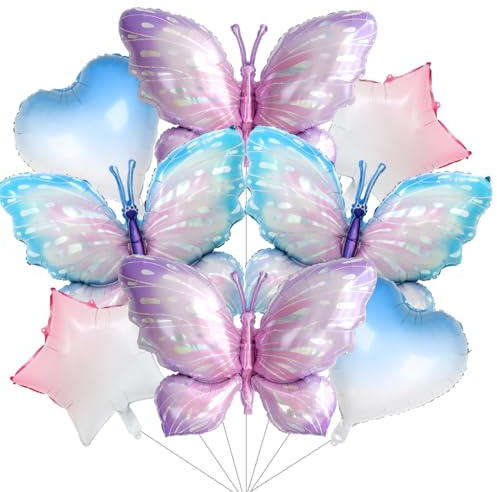 Folienballon Schmetterling, Schmetterlinge Deko, Blau Lila Schmetterling Luftballon, Ballons Herz Stern, für Kinder Geburtstag Hochzeit Motto Party Dekoration