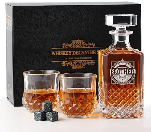 HXBYX Whiskey Dekanter-Geschenke für Männer-Dekanter fürSet mit Gravur BROTHER-Whisky Karaffe Set-inkl. 2 Whiskey Gläser&4 Whiskey Steine -ür Wein, Likör, Scotch, Bourbon, Brandy-750ml