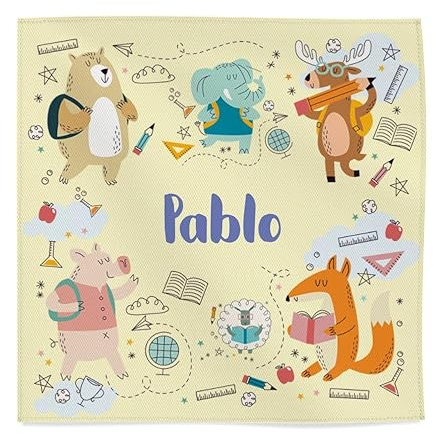 Wanapix | Stoff Servietten für Kinder Personalisiert mit Namen | Schule/Kindergarten | Waschmaschinengeeignet | 45x45cm | Schule Tiere