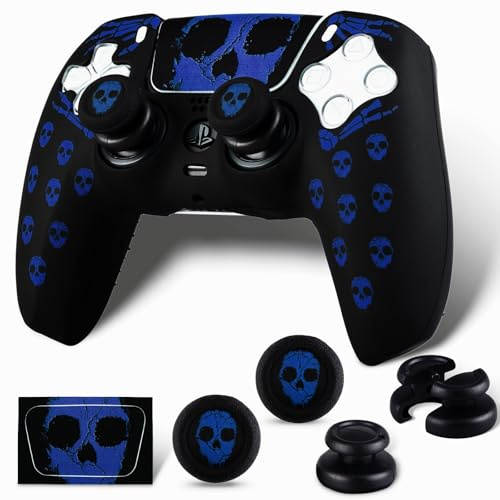 PlayRealm 1 coque en silicone et autocollant et 2 joysticks anti-chute pour manette PS5 (bleu fantôme)