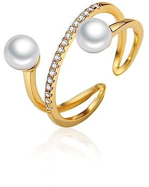 IMINI Perle Ring Silber 925 für Damen Mädchen Zirkonia Perlenring Offene Verstellbar Ring Band Vertrauensring Fingerring Promise Ringe (Gold)
