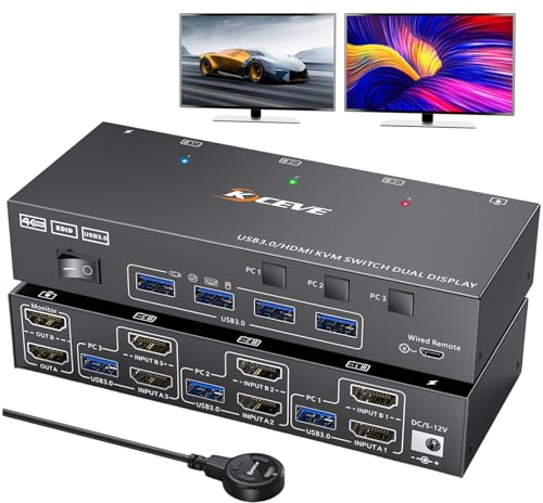 HDMI KVM Switch 3 PC 2 Monitore 4K@60Hz, Camgeet USB 3.0 Dual Monitor KVM Switch Simulation EDID, KVM Umschalter 3 Port für 3 PC Teilen 2 Monitor und 4 USB Geräte, mit DV12V-Netzteil und Wired Remote