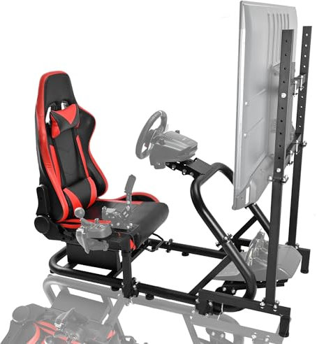 Dardoo Racing Simulator Cockpit Frame (50mm round tube) with Monitor Stand and Red Seat Fit for Logitech Thrustmaster Fanatec G29 G920 Professional Racing Cockpit Without Wheel Pedal and Handbrake
