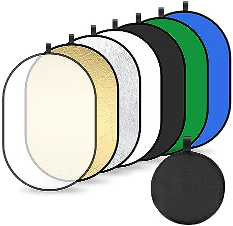 Reflectores 7 en 1 Reflector de Luz Plegable Oval Difusores y Filtros para Iluminación Estudio Fotográfico Fotografía Aire Libre 60 * 90cm (Translúcido/Plata/Oro/Blanco/Negro/Verde/Azul)