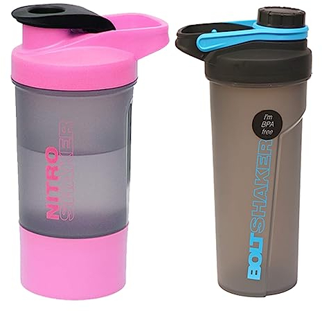 Set of 2 - Protein Shaker Bottles with Screw Lid, Stainless Steel Mixing Ball or Storage Compartment Plastic Supplement Shaker Bottle for Gym Fitness Running Exercise [Pink - 600ml and Blue- 700ml]