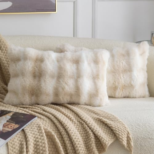 Madizz 2er Set Sanft Plüsch Kurze Wolle Samt Dekorativ Zierkissenbezüge Luxus Stil Kissenbezug für Sofa für Schlafzimmer Weiß Beige 40x80 cm