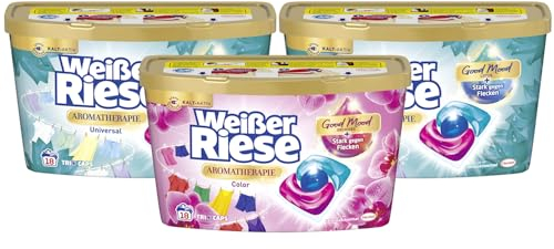 WEISSER RIESE Trio-Caps-Set 3x 18 Waschladungen (54WL) Aromatherapie 1x Color Orchidee & 2x Universal Lotus, mit Good Mood-Duft für unwiderstehlich duftende & strahlend saubere Wäsche