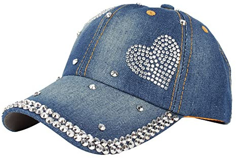 Aisi Berretto da baseball da donna con strass scintillanti, in denim, alla moda, stile hip hop, cappello da sole, Blu, Taglia unica