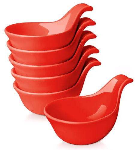 Flexzion Keramik-Dip-Schalen, kleine Schalen zum Dippen mit Griff, Gewürzbecher, Sojasaucenschale, Porzellanauflaufförmchen, Soßenhalter, Behälter für kleine Beilagen, Dips, 85 ml, Rot, 6 Stück