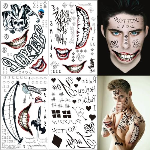 4 Feuilles Halloween Tatouages Temporaires, Grandes Squad Suicide Tattoo temporaire Joker Harley Arc de Tatouage Quinn Femme Homme Autocollant Carnaval Halloween Cosplay Costume Maquillage Props