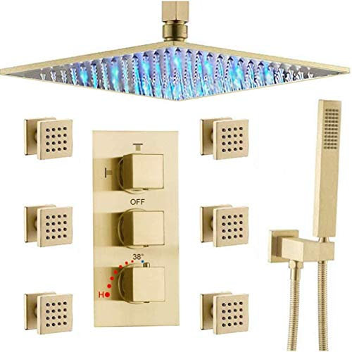 VNNHGB Système de pommeau de Douche thermostatique à Effet Pluie à LED de 10 à 16 Pouces en Laiton brossé avec mélangeur à 6 Jets corporels et Ensemble de Douche à Main par
