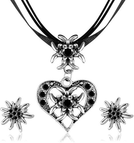XIMKONTER 3-teiliger Trachtenschmuck Damen Set, Bayerisch Dirndlschmuck Trachtenkette mit Strass Edelweiß Herz Anhänger und Edelweiß Ohrstecker für Damen Bierfest Trachten Outfit Accessoires