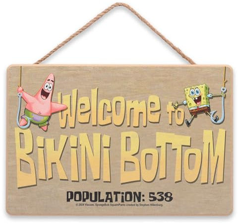 Nickelodeon SpongeBob SquarePants Welcome to Bikini Bottom Hängende Holz-Wanddekoration – lustiges Schild für den Bikiniunterteil für Zuhause
