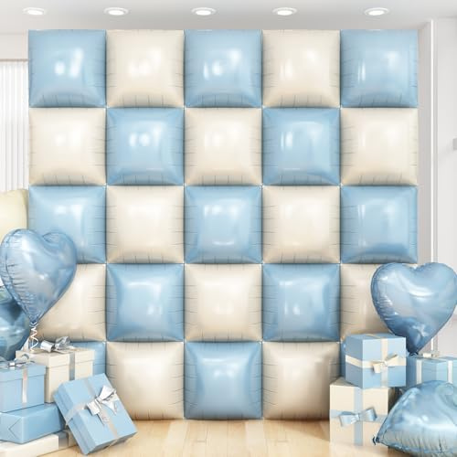 Blue White Square Foil Balloon Wall,25Pcs Double Sided Balloons Backdrop