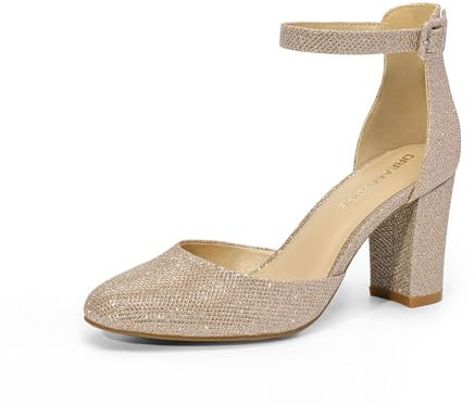 DREAM PAIRS Zapatos de Novia con Tacones Gruesos y Cerrados para Mujer, con Correa en el Tobillo y Punta Redonda.,Size 39,Oro-Brillo,DWUMPU2535