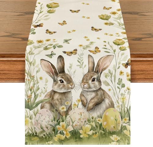 Artoid Mode Kaninchen Blumen Ostereier Ostern Tischläufer, Frühling Küche Tisch Dekoration Drinnen Urlaub Party Dekor 40x140 cm