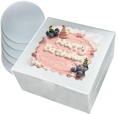 Gcardist Caja para tartas de 20,3 x 20,3 x 12,7 cm, 5 juegos de cartón plateado para tartas con ventana y 5 juegos de tablas redondas de 20,3 cm de color plateado, recipiente para tartas de 20,3 cm (8