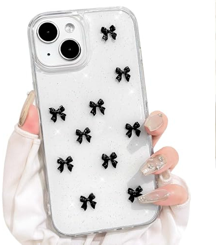 NITITOP Kompatibel mit iPhone 13/14 / 15 Hülle Klar Transparent Cute 3D Schwarz Schleife Süßes Glitzer Glitzernde Paillette Teen Girls Dünne Schutzhülle - Schwarz Schleife
