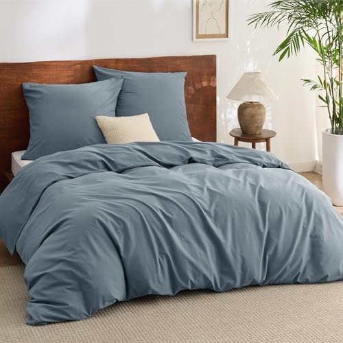 BEDSURE Bettwäsche 220x240 Baumwolle 3teilig - Bettwäsche-Sets Graublau Bettbezug mit 2 Kissenbezüge 80x80 cm, Ähnliche Textur wie Washed Leinen, Oeko-TEX Bedding Blau mit Reißverschluss