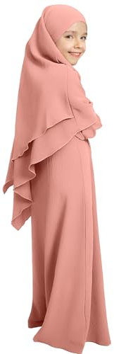 IBAKOM Gebetskleidung für Kinder Chiffon Muslimisch Kleid mit Taschen Mädchen Abaya mit Hijab Islamische Kleider Dubai Arabisch Türkische Robe Gebetskleid Jilbab Khimar Ramadan rosa 9-10 Jahre
