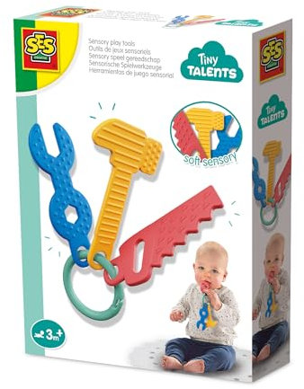 SES Creative 13165 Sensorisches Spielzeug-Werkzeug - Für Kinder ab 3 Monaten - Enthält weichen Hammer, Schlüssel und Säge - Perfekt für sensorische und motorische Entwicklung