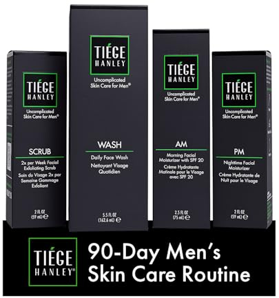 Tiege Hanley Essential Men's Skin Care Set, 90-Day, 4 Piece Kit | Level 1 Essential Routine, Large Skin Care Set, Daily Face Wash, Facial Scrub, AM SPF & PM Moisturizers
