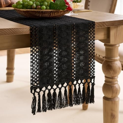Aisybaklyn Tischläufer Schwarz Böhmische Modern Handquasten Tischdecke Boho Tischlaufer Baumwollleinen Tischläufer 30x140 cm für Küche Tischdeko Esstisch Couchtisch Deko Hochzeit Party Geburtstag